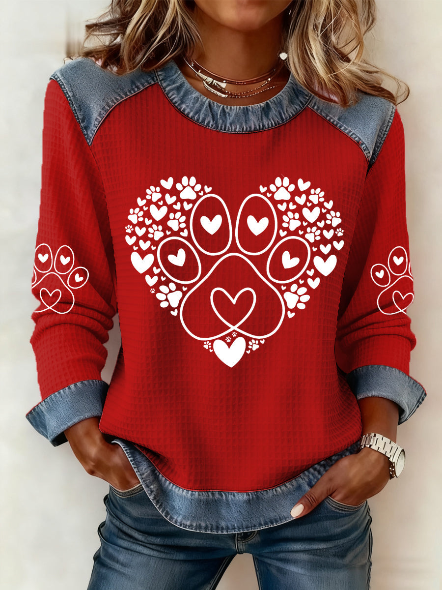 Women's Paw Heart Print Dog Lovers Valentine's Day Casual Denim Patchwork Top