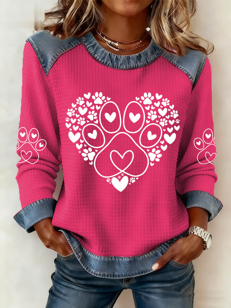 Women's Paw Heart Print Dog Lovers Valentine's Day Casual Denim Patchwork Top