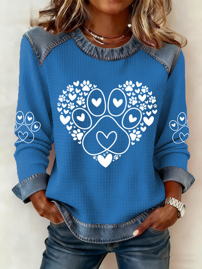 Women's Paw Heart Print Dog Lovers Valentine's Day Casual Denim Patchwork Top