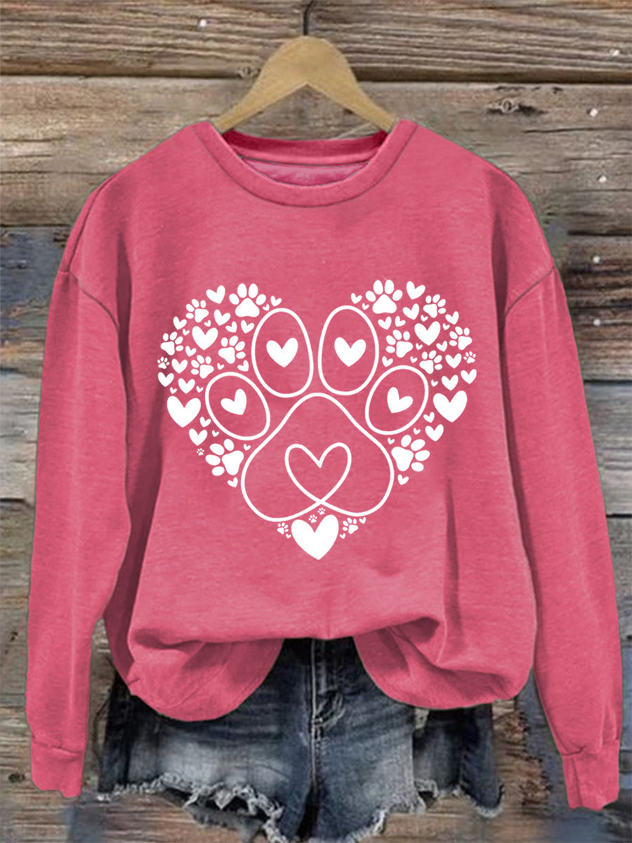 Women's Paw Heart Print Dog Lovers Valentine's Day Casual Sweatshirt