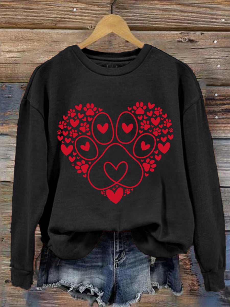 Women's Paw Heart Print Dog Lovers Valentine's Day Casual Sweatshirt