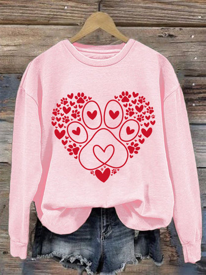 Women's Paw Heart Print Dog Lovers Valentine's Day Casual Sweatshirt