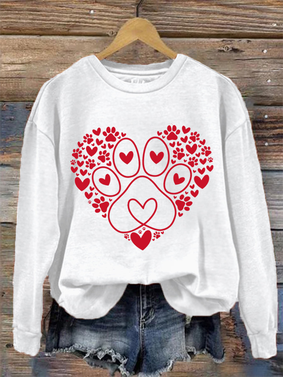 Women's Paw Heart Print Dog Lovers Valentine's Day Casual Sweatshirt