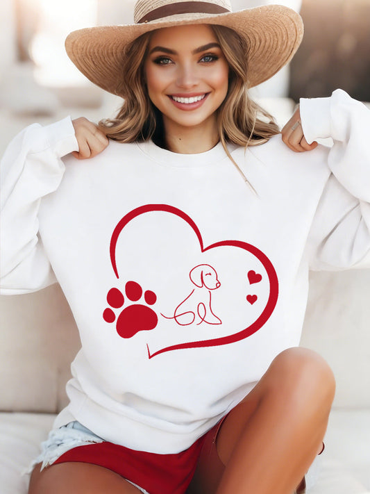 Women's Paw Heart Print Dog Lovers Valentine's Day Casual Sweatshirt