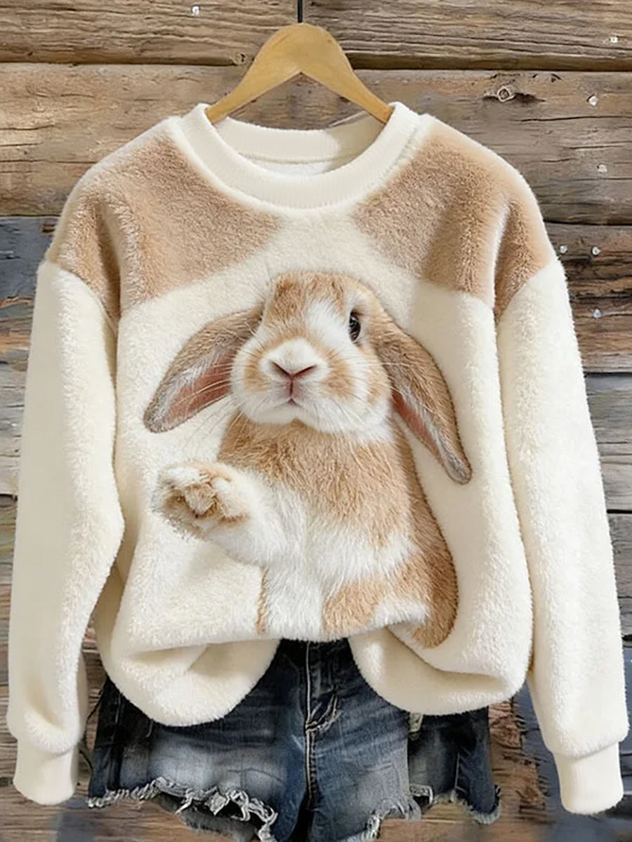 Women's Cute Bunny Art Round Neck Cozy Flannel Sweatshirt