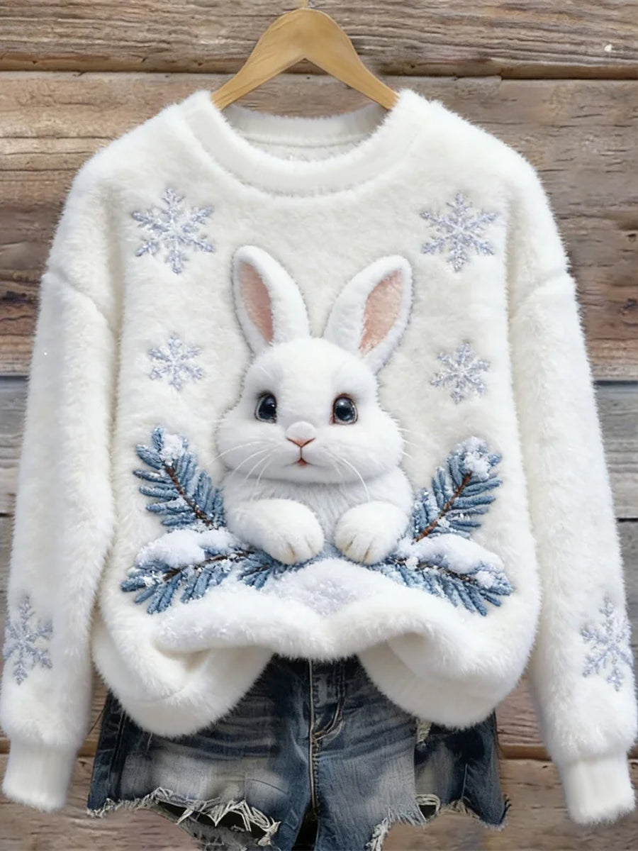 Women's Cute Bunny Art Round Neck Cozy Flannel Sweatshirt