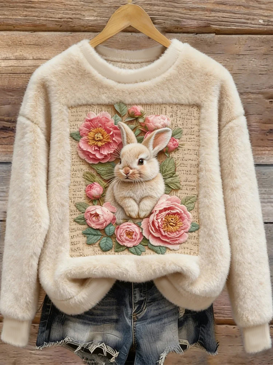 Women's Cute Bunny Art Round Neck Cozy Flannel Sweatshirt