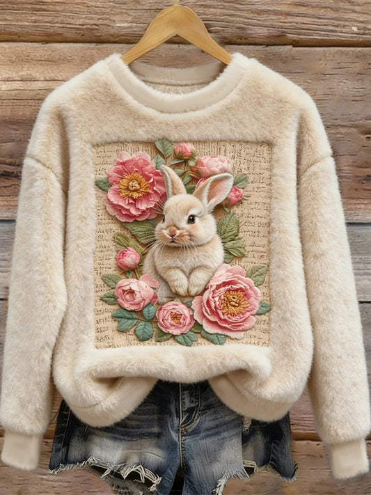Women's Cute Bunny Art Round Neck Cozy Flannel Sweatshirt