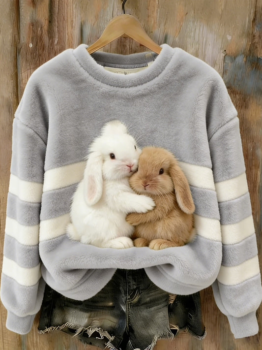 Women's Cute Bunny Art Round Neck Cozy Flannel Sweatshirt