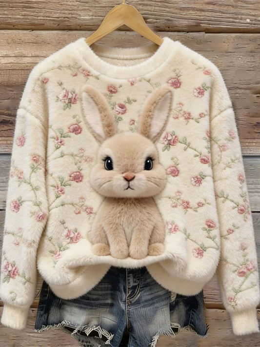 Women's Cute Bunny Art Round Neck Cozy Flannel Sweatshirt
