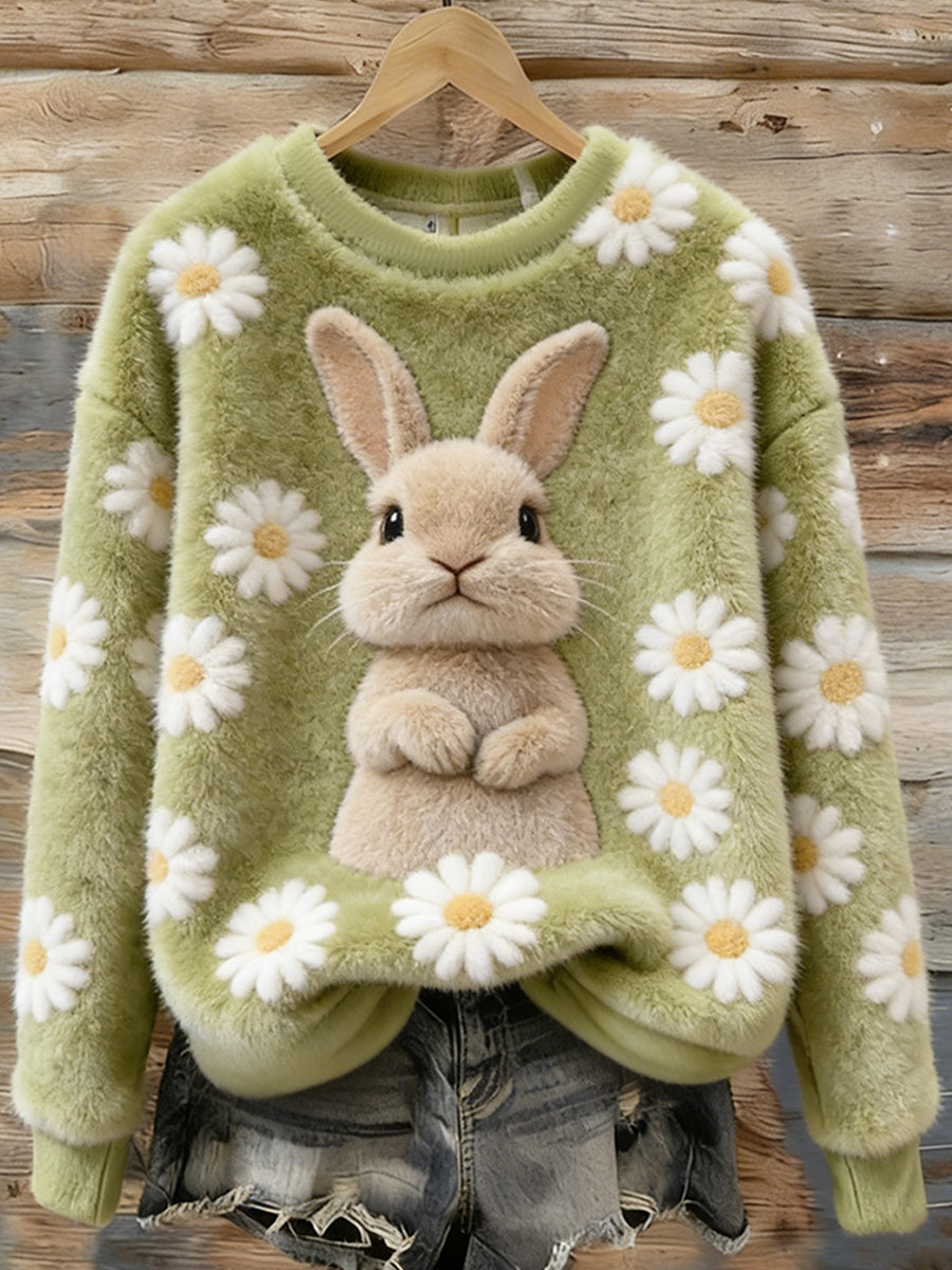 Women's Cute Bunny Art Round Neck Cozy Flannel Sweatshirt