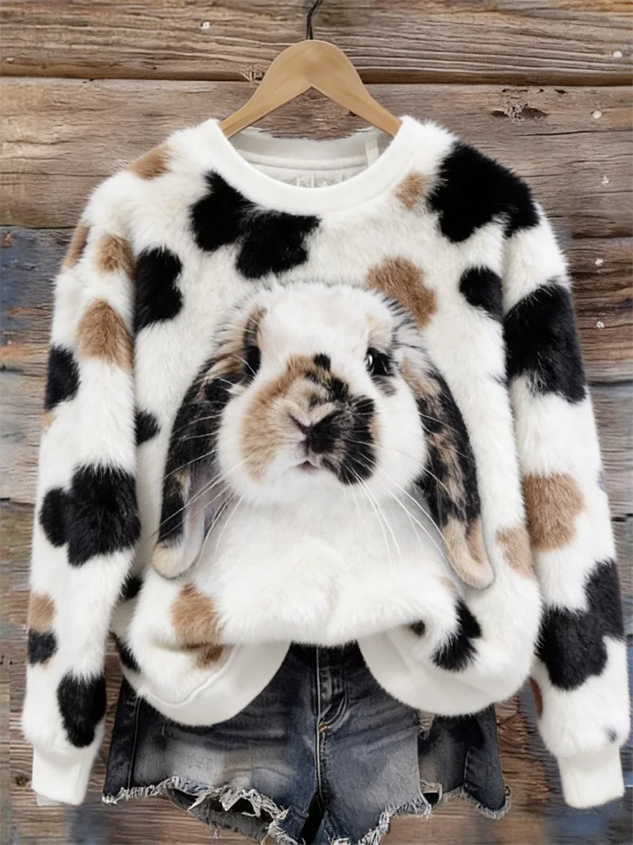 Women's Cute Bunny Art Round Neck Cozy Flannel Sweatshirt