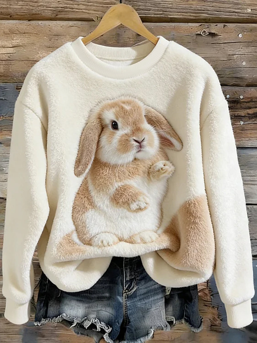 Women's Cute Bunny Art Round Neck Cozy Flannel Sweatshirt