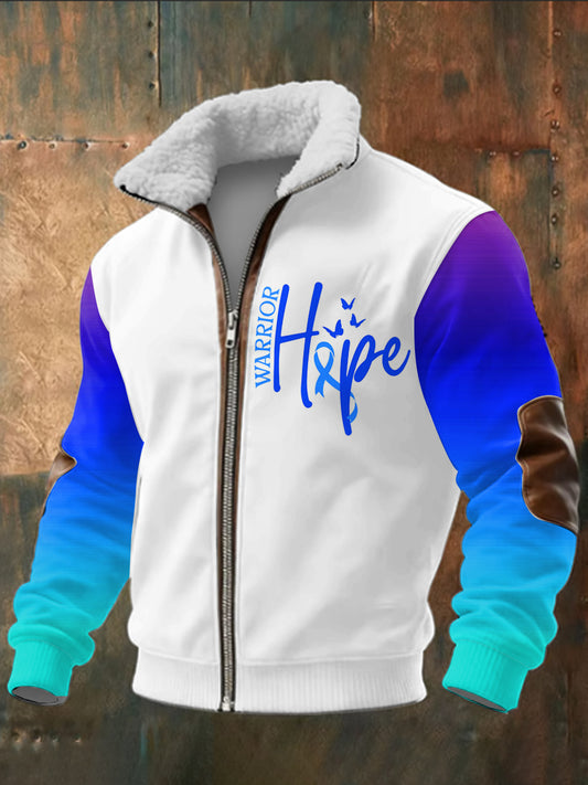 Men's Prostate Cancer Printed Long Sleeved Stand Up Collar Lambhair Zipper Top