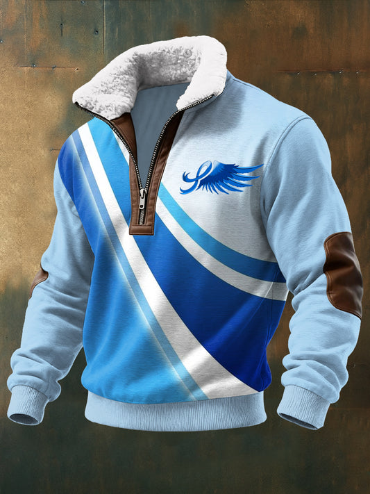 Men's Prostate Cancer Long Sleeved Stand Up Collar Lambhair Zipper Top