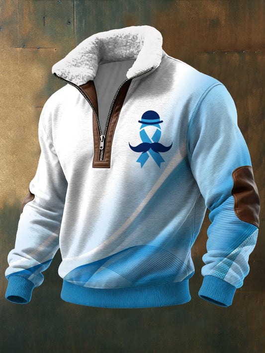 Men's Prostate Cancer Long Sleeved Stand Up Collar Lambhair Zipper Top