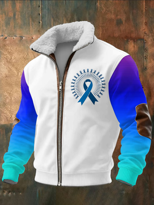 Men's Prostate Cancer Printed Long Sleeved Stand Up Collar Lambhair Zipper Top