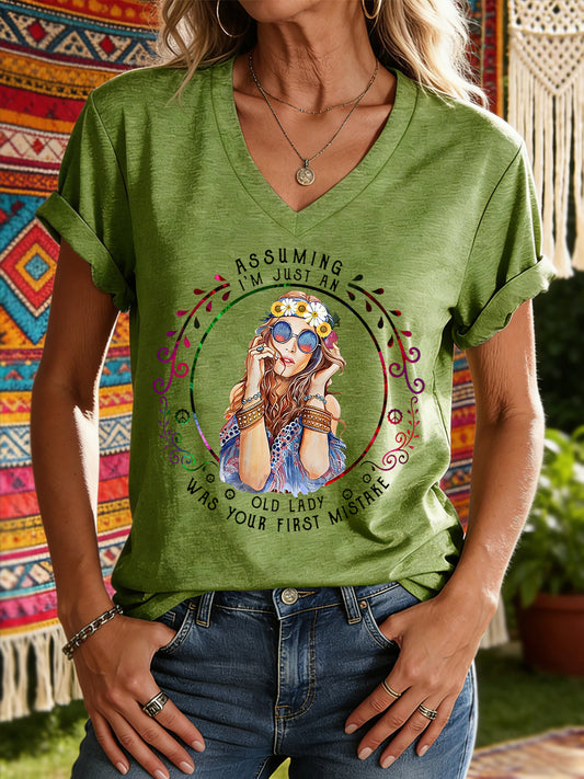 Women's Funny Old Hippie Casual V-Neck Tee