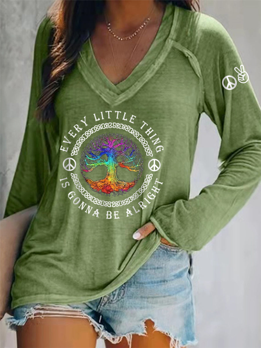 Women's Every Little Thing Is Gonna Be Alright Hippie V-Neck Long Sleeve T-Shirt