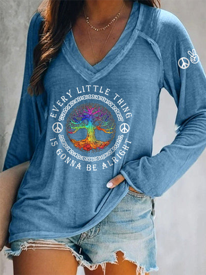 Women's Every Little Thing Is Gonna Be Alright Hippie V-Neck Long Sleeve T-Shirt