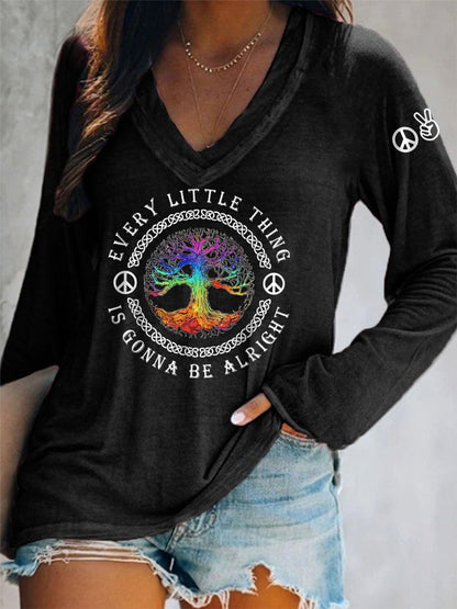 Women's Every Little Thing Is Gonna Be Alright Hippie V-Neck Long Sleeve T-Shirt