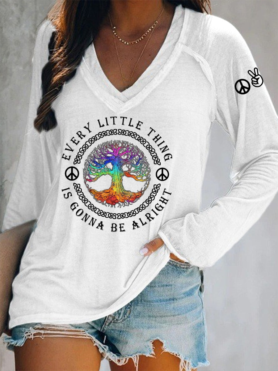 Women's Every Little Thing Is Gonna Be Alright Hippie V-Neck Long Sleeve T-Shirt