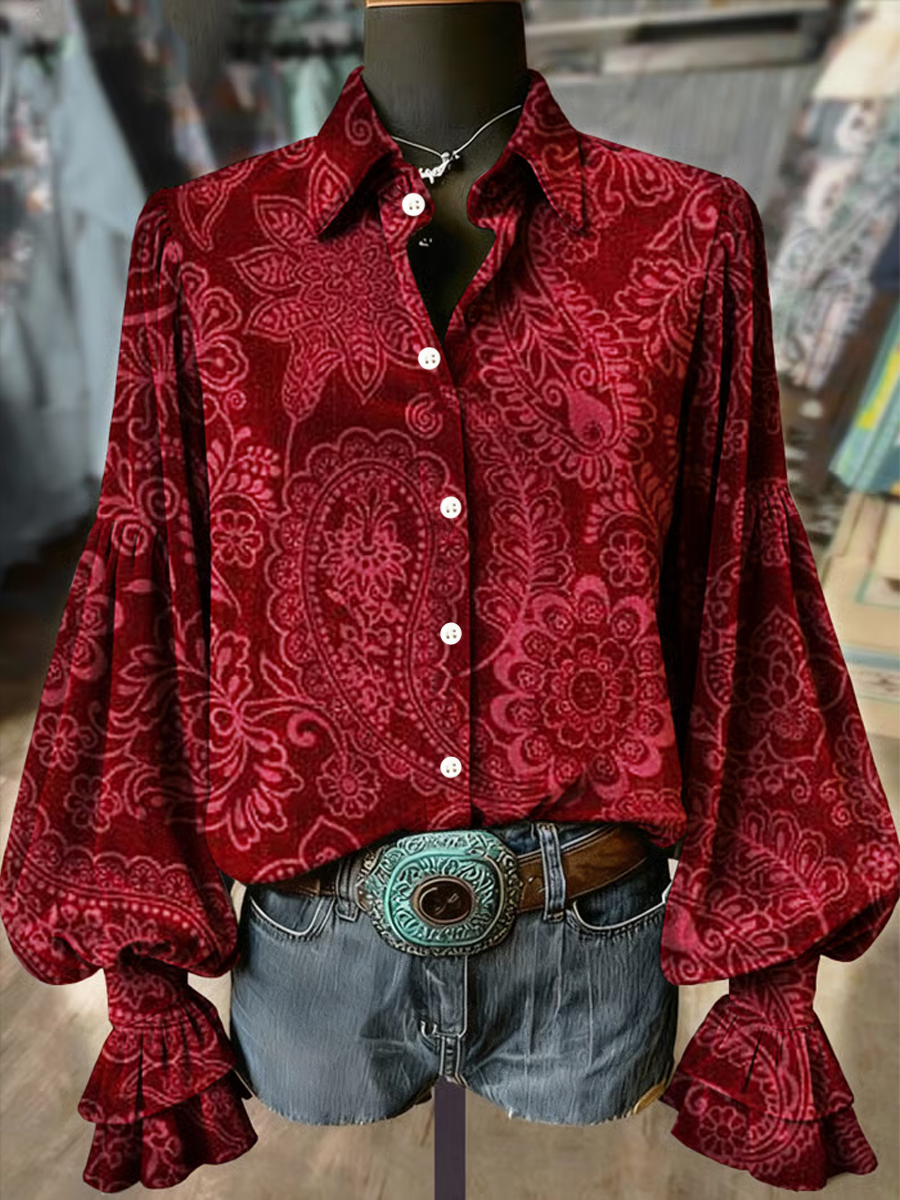 Women's Western Vintage Floral Print Long Sleeve velvet Shirt