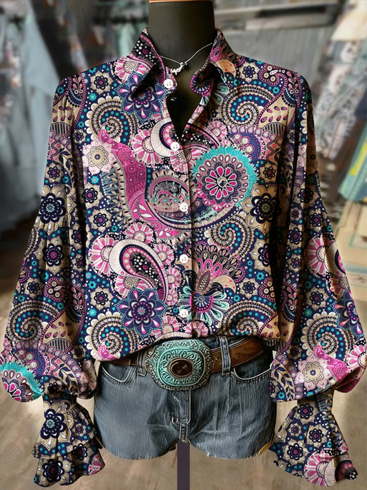 Women's Western Vintage Paisley Print Long Sleeve velvet Shirt