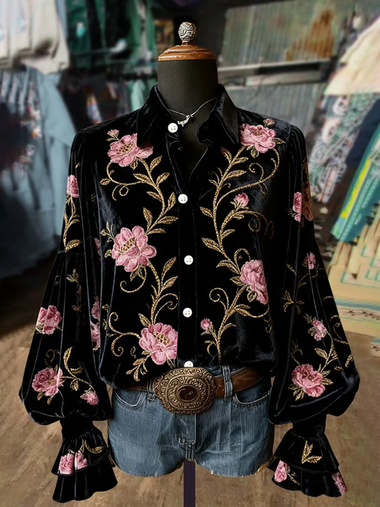 Women's Western Vintage Floral Print Long Sleeve Shirt