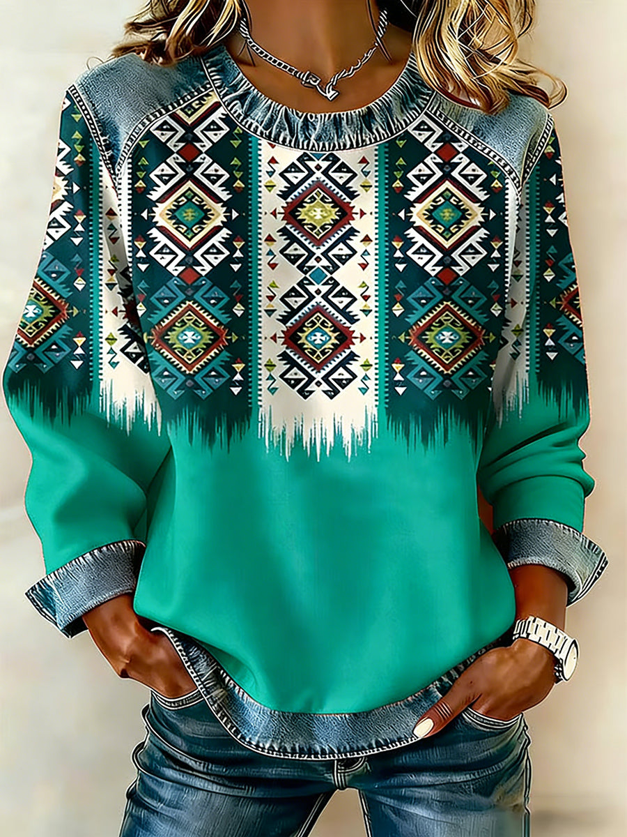 Women's Vintage Western Aztec Denim Patchwork Top