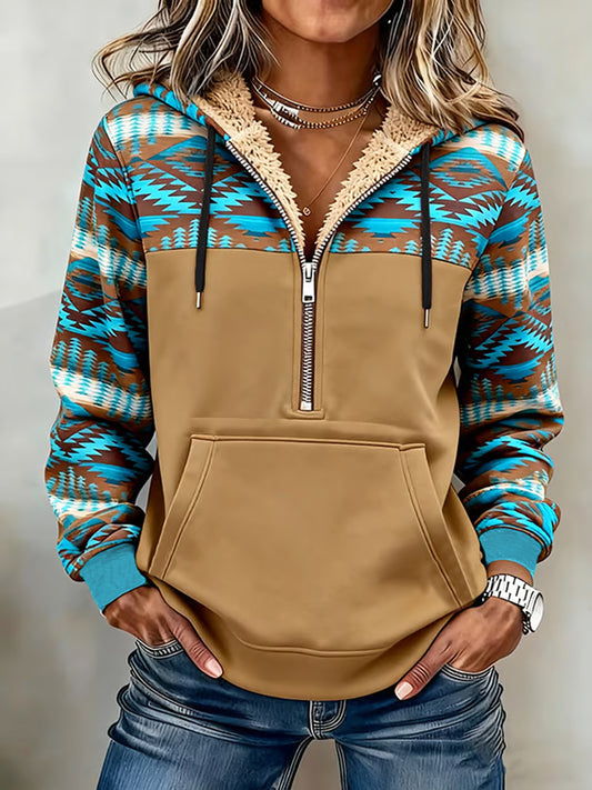 Women's Vintage Western Aztec Patchwork Hooded Zipper Hoodie