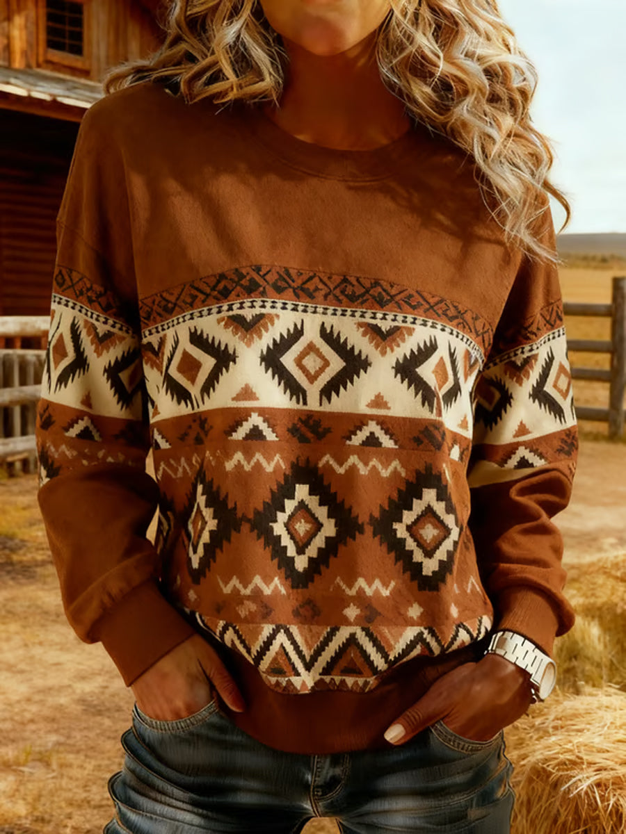 Women's Vintage Western Aztec Patchwork Sweatshirt