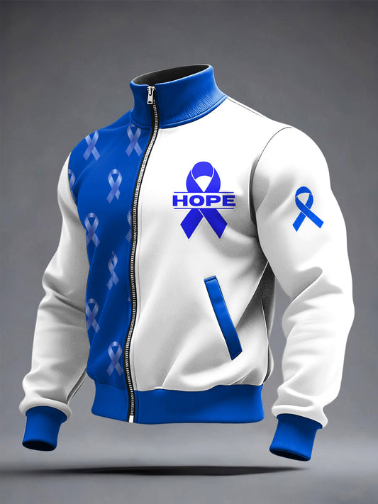 Men's Prostate Cancer Printed long Sleeved Zipper Stand Up Collar Jacket