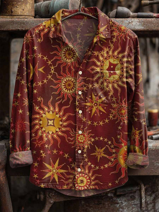 Men's Retro Sun Print Long Sleeve Shirt