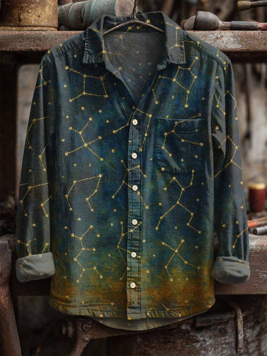 Men's Retro Constellation Print Long Sleeve Shirt