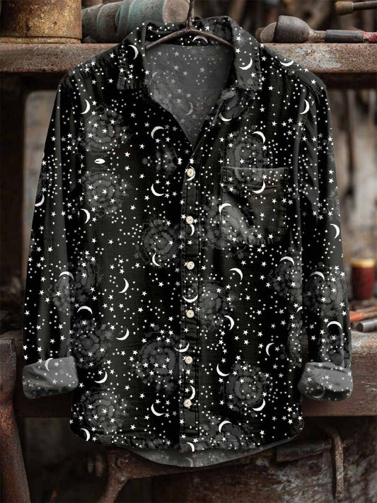 Men's Retro Sun and Moon Print Long Sleeve Shirt