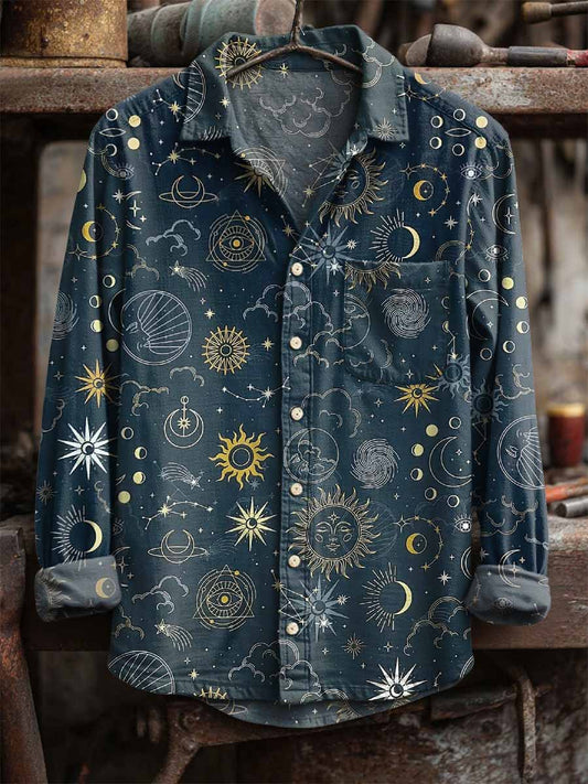 Men's Retro Sun and Moon Print Long Sleeve Shirt