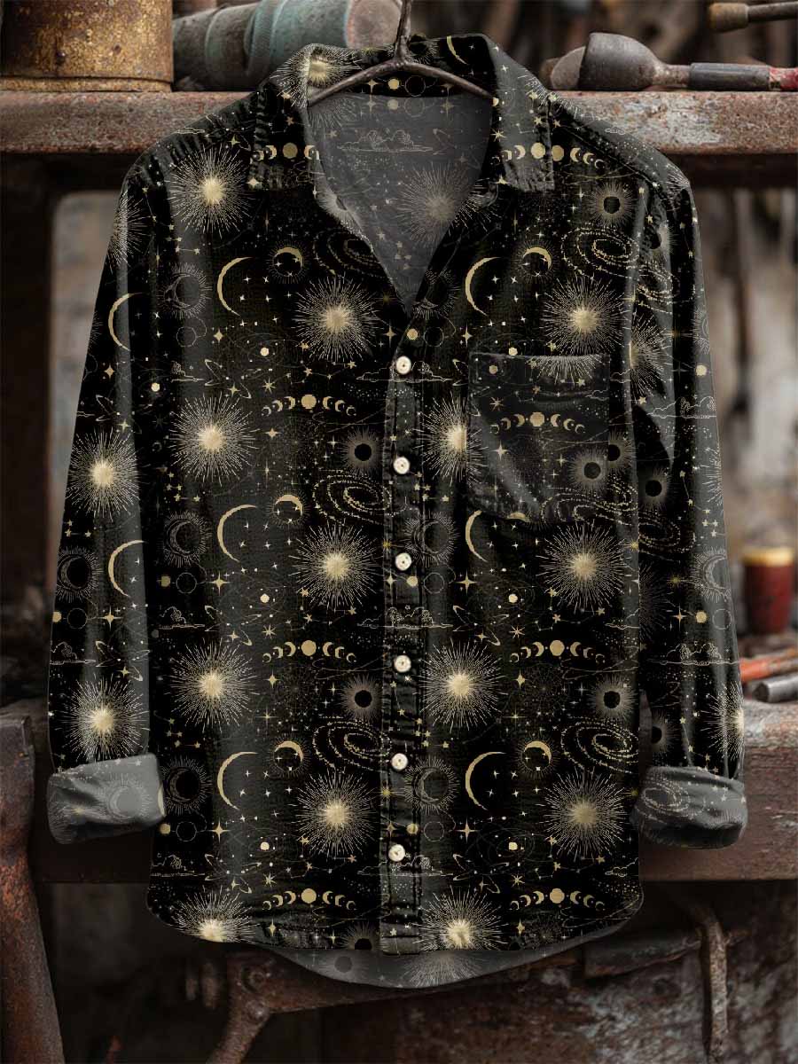 Men's Retro Sun and Moon Print Long Sleeve Shirt