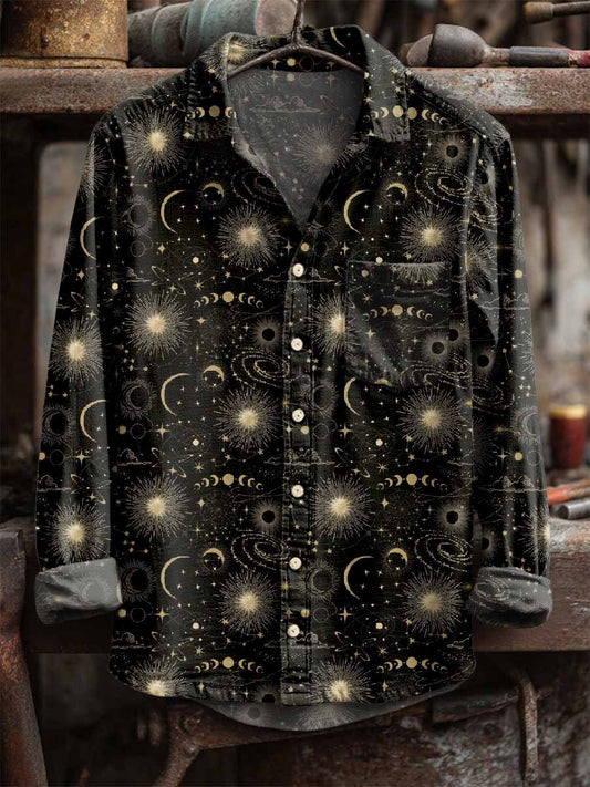 Men's Retro Sun and Moon Print Long Sleeve Shirt