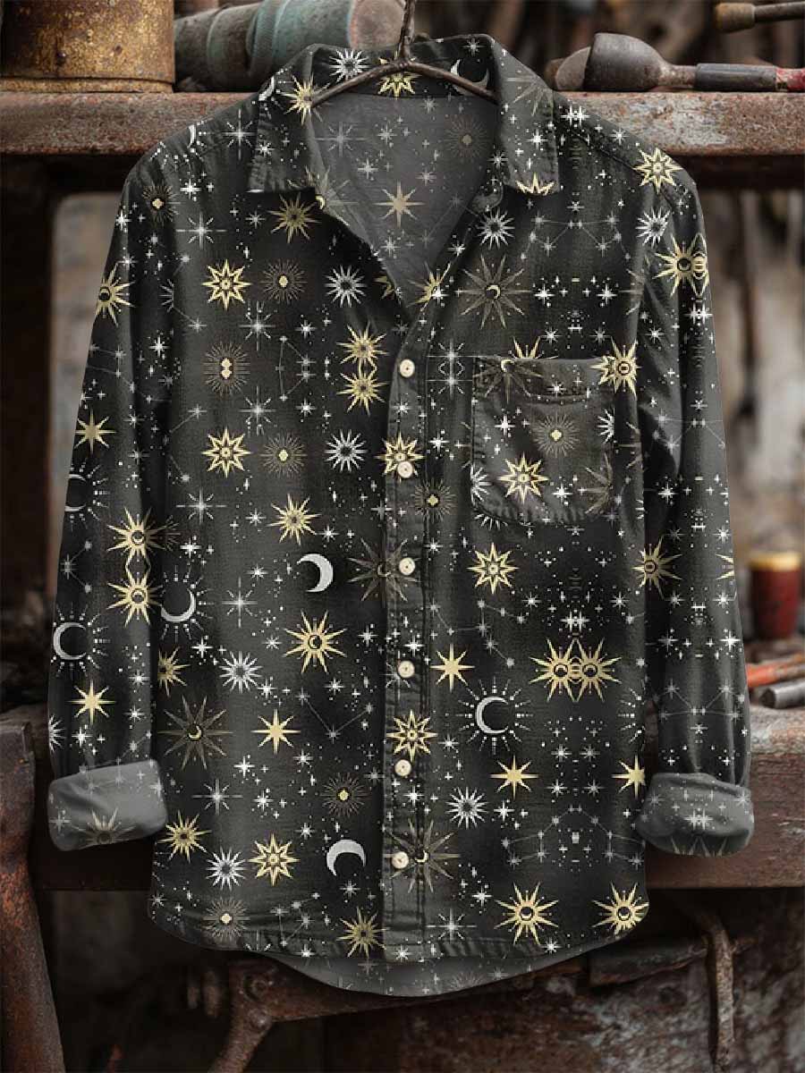 Men's Retro Sun and Moon Print Long Sleeve Shirt