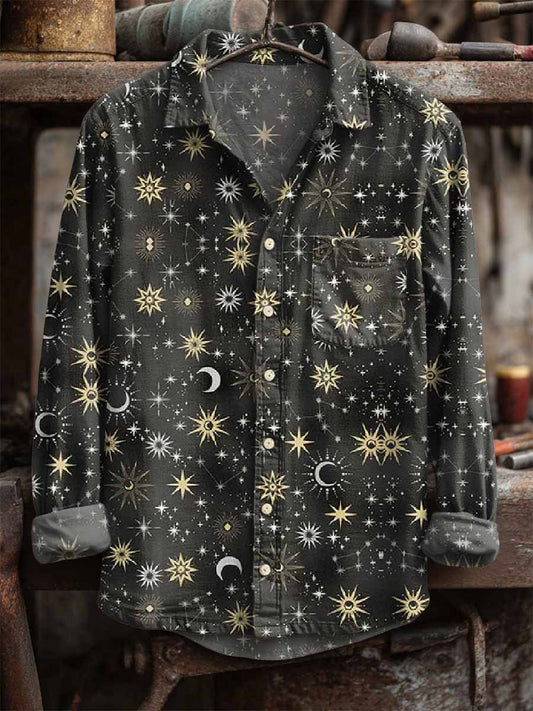 Men's Retro Sun and Moon Print Long Sleeve Shirt