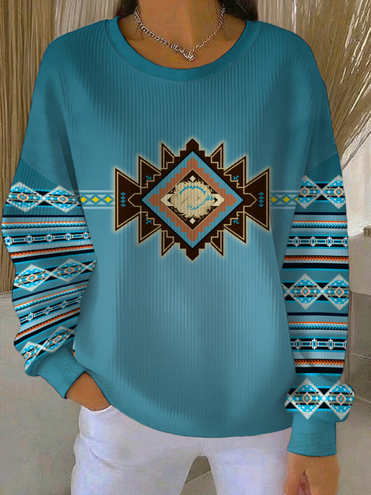 Women's Vintage Western Aztec Ribbed Round-Neck Sweatshirt