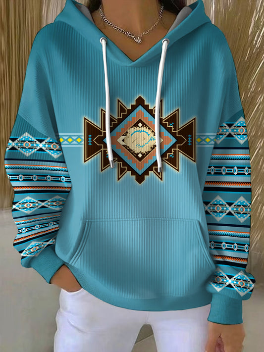 Women's Vintage Western Aztec Ribbed Hoodie