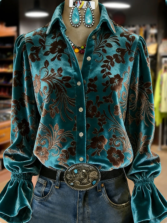 Women's Retro Plants Flowers Art Print Long Sleeve Top