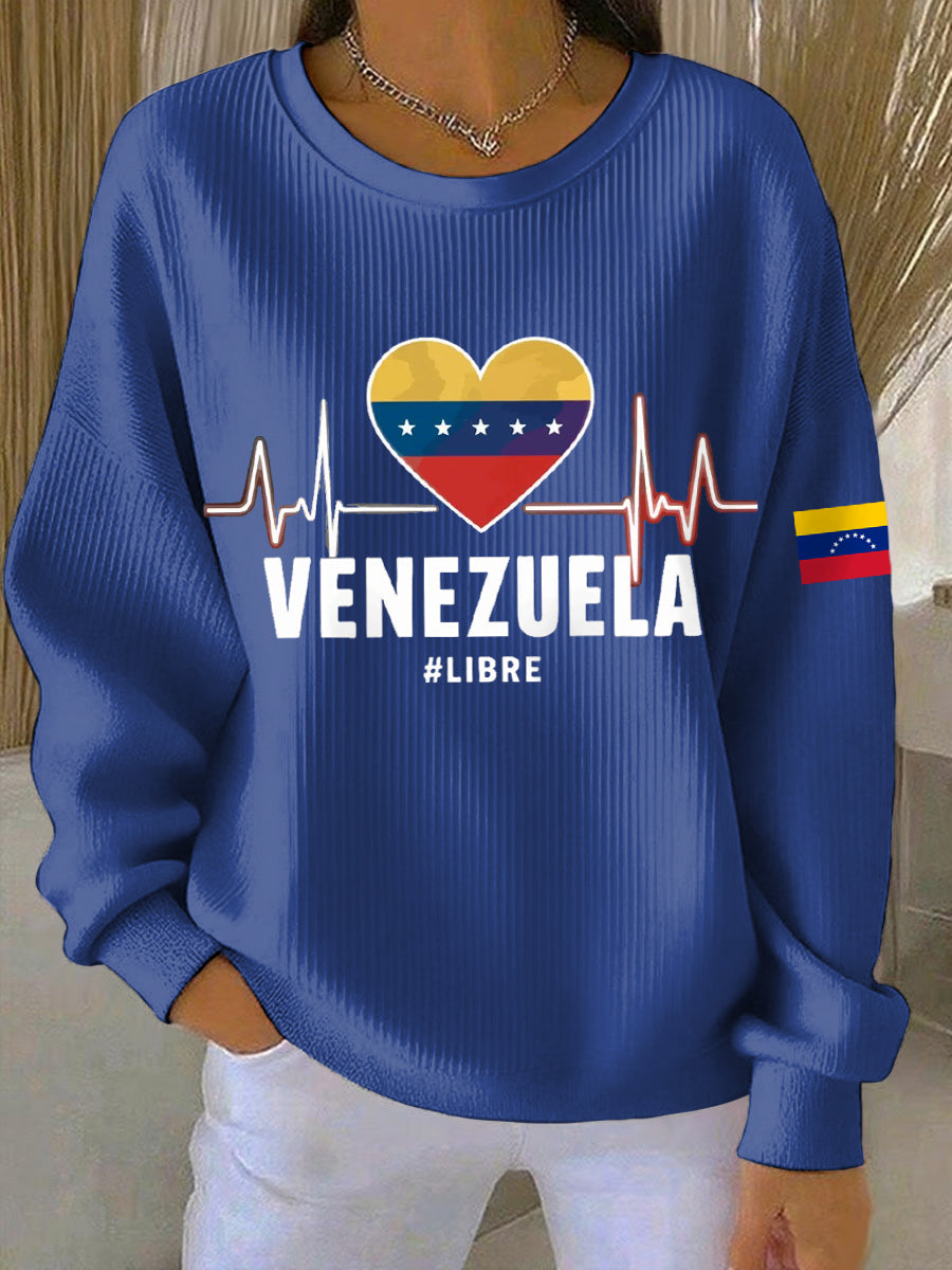 Women's Venezuela Libre Print Ribbed Round-Neck Sweatshirt
