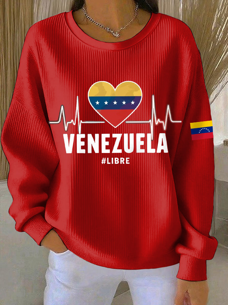 Women's Venezuela Libre Print Ribbed Round-Neck Sweatshirt