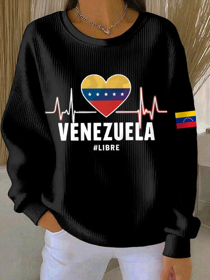 Women's Venezuela Libre Print Ribbed Round-Neck Sweatshirt