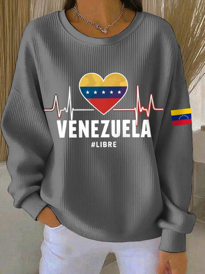 Women's Venezuela Libre Print Ribbed Round-Neck Sweatshirt