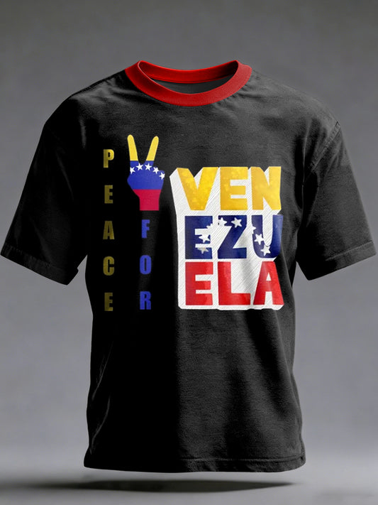 Men's Peace Venezuela Printed Vintage Fashion Loose Short Sleeve T-Shirt