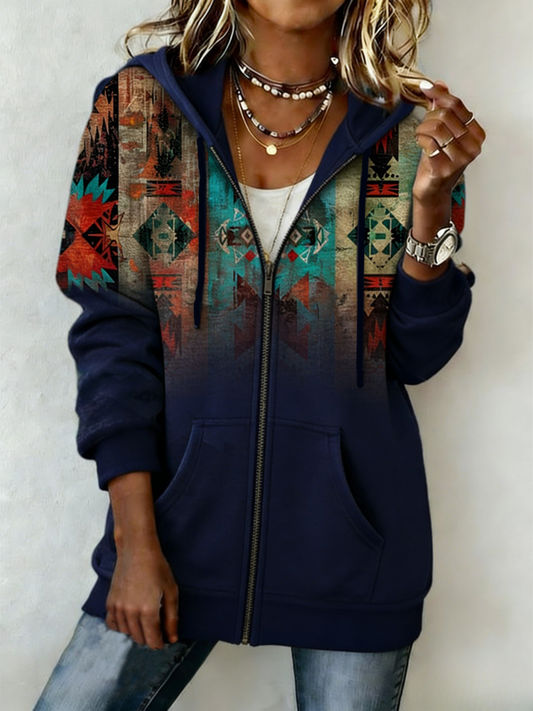 Women's Western Print Zip-Up Hoodie